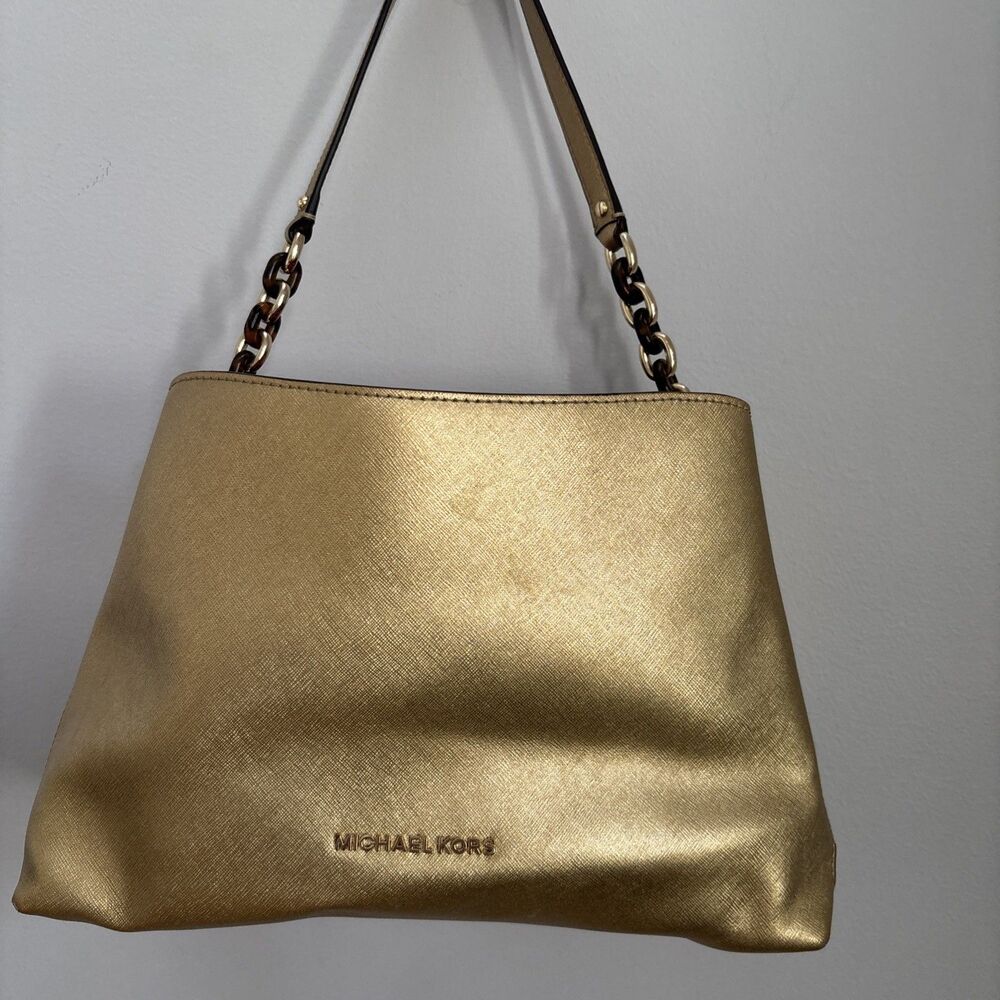 MICHAEL KORS Sofia Large Saffiano Leather SatchelHandbag Gold Retro Designer 90s